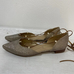 Stuart Weitzman Pointed Toe Ankle Strap Wrap Metallic D’orsay Flats Gold 10
